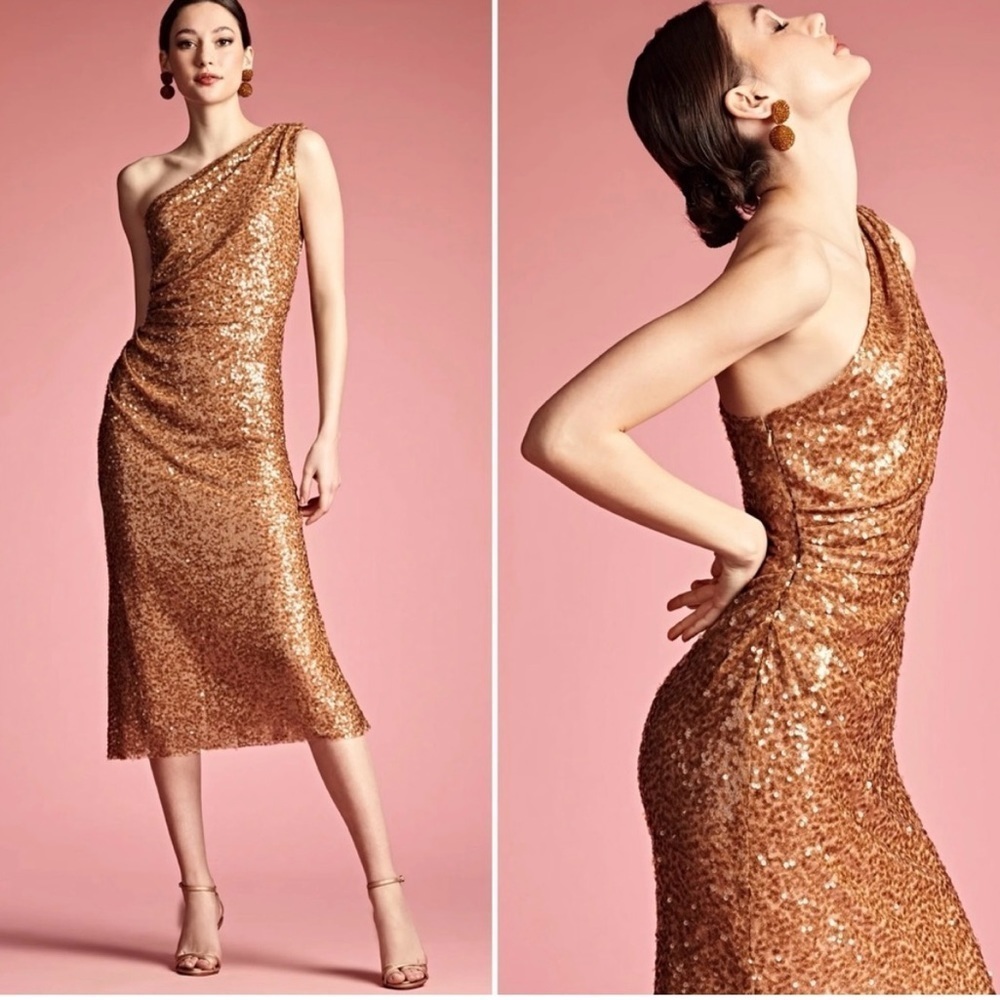 NWT Sachin & Babi Carmen Sequin One Shoulder Raw Hem Dress in Honey size 6
